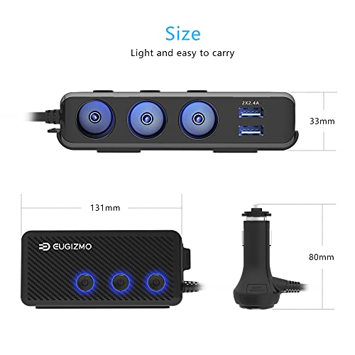Car Cigarette Lighter Plug Splitter, Eugizmo 200W 12V/24V Power Outlet Extender Car Cigarette Lighter Adapter Usb Charger Extension Cord Usb C Car Cigarette Lighter Splitter 3 Socket #TOP5