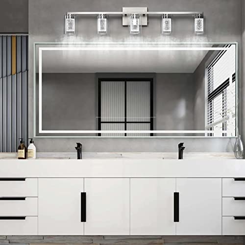 Stambord Bathroom Light Fixtures, 5 Light Brushed Nickel Bathroom Vanity Light Over Mirror, 3 Color Led Vanity Lights With Crystal Bubble Glass, Dimmable Wall Sconce Lighting For Bathroom，Living Room #TOP5