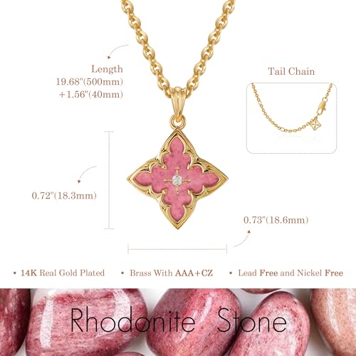 Fettero Gold Necklace for Women Dainty 14K Gold Plated Clover Necklace Colorful Lucky Pendant Charm Necklaces for Women Statement Jewelry - Pink Rhodonite — view 5