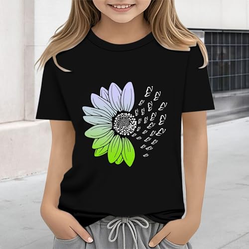 Girls Loose Fit Sunflower Graphic T Shirts Short Sleeve Crewneck Cute Pattern Printed Tops Kids (D-Black, 10-11 Years)4