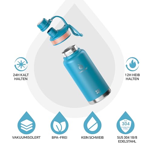Ideus Vakuumisolierte Wasserflasche, 950 ml Edelstahl Doppelwand Flasche Metall Sport Kantine mit auslaufsicherem Schraubverschluss – Ansicht 2
