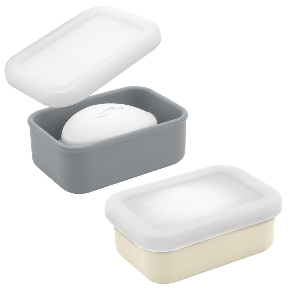 HUNGBAN 2 PCS Travel Soap Case with Lid, Leak-Proof Silicone Portable Soap Box for Family & Holiday, Compact Travel Soap Dish for Wet Soap Bars (Grayish-White)