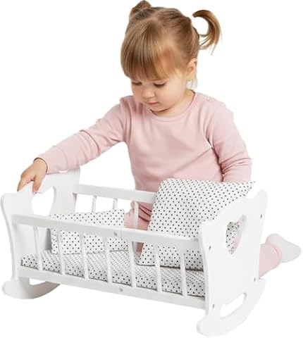 Kinderplay Drewniane łóżeczko dla lalek z pościelą - Łóżko dla lalek z materacem, poduszką i kocem, kołyska dla lalek do 49,5 cm, drewniana zabawka dla dziewczynek od 3 lat