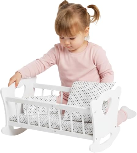 Kinderplay Drewniane łóżeczko dla lalek z pościelą - Łóżko dla lalek z materacem, poduszką i kocem, kołyska dla lalek do 49,5 cm, drewniana zabawka dla dziewczynek od 3 lat