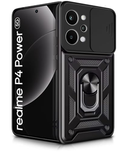 Image of WOW IMAGINE Tough Armor Bumper Mobile Back Case for Realme P4 Power 5G | Narzo Power 5G | Sliding Camera Cover | Shock Proof 360 Protection | Hybrid PC + TPU | Ring Holder with Kickstand - Black