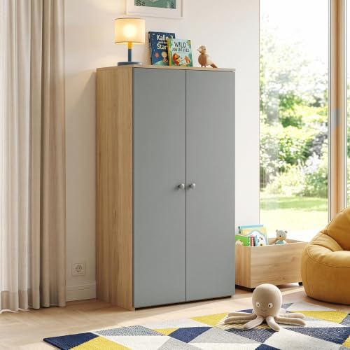 [en.casa] Kleiderschrank Kinder Beldinupp 123x60x40 cm Staufach Eiche/Grau