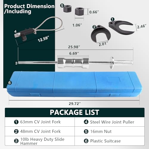 Amerbm Inner CV Joint Removal Tool Kit, 10 Pounds Heavy Duty Slide Hammer Front Wheel Drive Axle Half Shaft Removal Puller Tool Set, 63mm 48mm CV Joint Fork Adapter Attachments - Thumbnail 4