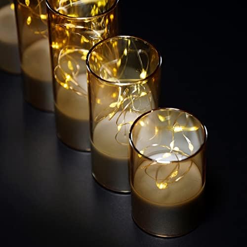 Eywamage Slim Amber Gold Glass Flameless Candles with Remote LED Lights, Flickering Battery Operated Christmas Decorative Candles Φ 2" H 3" 4" 5" 6" 7"