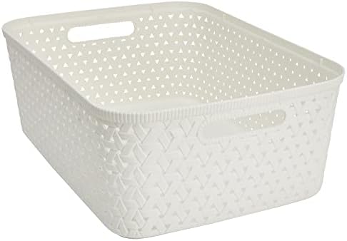 Store & Order Stackable Small Storage Basket x5, Decorative Plastic Box, Multi-Functional Boxes for around the home, Perfect Organiser Baskets for Kitchen or Bathroom Cupboard, White Rattan 6.7L
