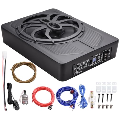 Under Seat Powered Subwoofer | 10 Inch Active Car Subwoofer,Compact Under Seat Sub with Blue LED Ambient Light for Trucks, Vehicles with Limited Space