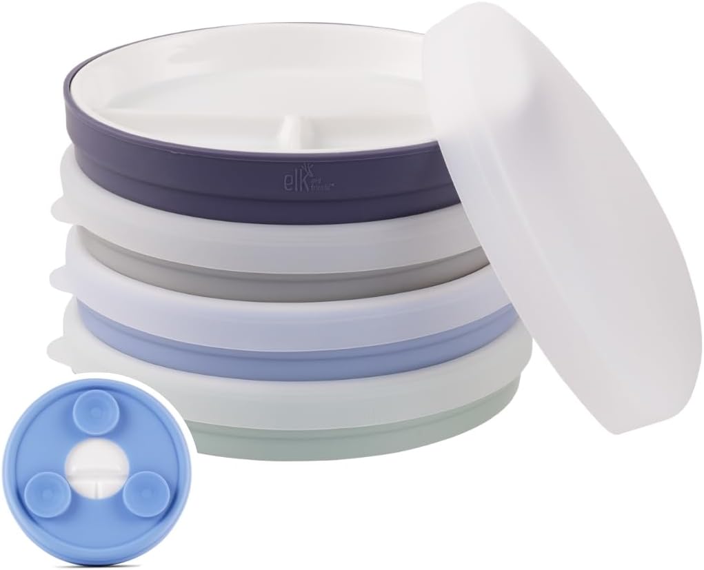 Elk and Friends Kids 6.7 Porcelain Divided Plates with Silicone Suction Sleeves + Silicone Lids | Suitable for Babies/Kids/Toddlers | Microwave & Dishwasher Safe | Non Slip | Snack Dishes | 4 Pack