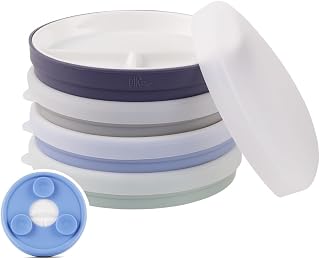 Elk and Friends Baby/Toddler 6.7" Porcelain Divided Plates + Lids | 4pk | Suitable for Babies | Silicone Suction Sleeves | Lids Included | Microwave + Dishwasher Safe | Baby Weaning Supplies