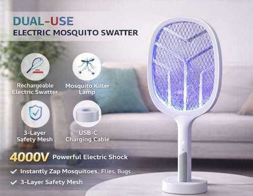 Image of 2 in 1 Mosquito Killer Racket with UV Light | Manual & Auto Kill Modes | Rechargeable Lithium Battery | Type-C USB Charging | Electric Mosquito Bat with Base Stand (White)