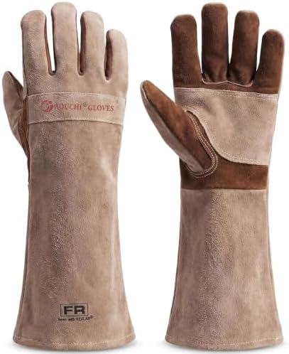 Fireplace & Welding Gloves, Leather Heat Resistant for BBQ, Brown, Medium