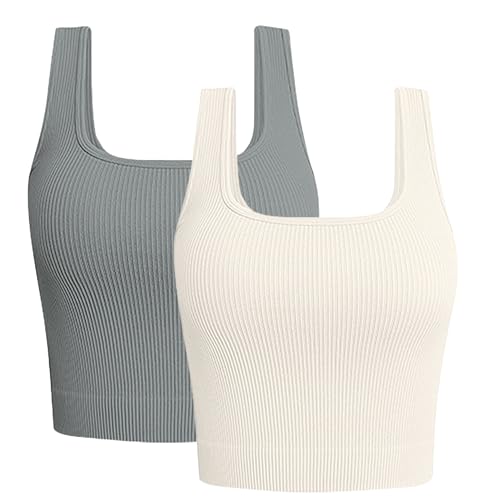 Image of KIKIMINK Womens Ribbed Sleeveless Sports Vest Yoga Tops Sleeveless Gym Tank Tops for Women UK Wide Straps Square Neck Top White/Grey