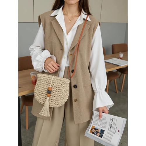 Handwoven Straw Crossbody Bag, Boho Beach Purse, Rattan Wicker Design with Adjustable Strap, Summer Vacation Tassels3