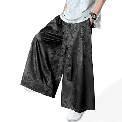 HZCX FASHION Mens Womens Baggy Wide Leg Palazzo Pant Dragon Satin Flowy Kung Fu Slacks Casual Trousers Lightweight Yoga Pants(Black,X-Large)