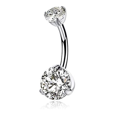 KaseStyle 14G G23 Titanium Belly Button Rings 10mm with Cubic Zirconia Internally Threaded Navel Rings Belly Bars (Prong Set-White) Cover