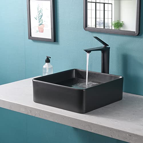 Davivy 14.3'' Matte Black Bathroom Sink with Pop Up Drain,Square Vessel Sinks,Bathroom Sinks Above Counter,Ceramic Vessel Sink,Counter Top Sink,Square Sink Bowls for Bathroom by Davivy - Image 8