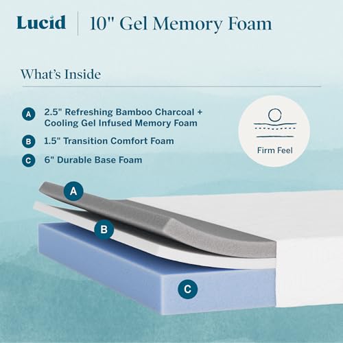 Image of Lucid 10 inch Firm Gel Memory Foam Mattress - Bamboo Charcoal & Cooling Gel - Fiberglass Free - Bed in a Box - CertiPUR-US Certified - Queen Size