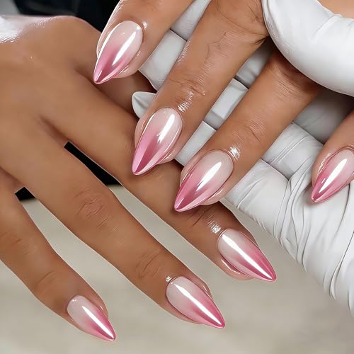 Ombre Hot Pink Press On Nails Almond - KQueenest Chrome