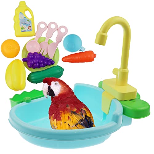 Image of Bird Bath Tub with Faucet and Toys, Automatic Parrot Bathtub Bird Bathroom Shower Accessory, Birds Bathing Bowl Swimming Pool Toy for Small Medium Parakeet Lovebird Goldfinch Cleaning Supplies