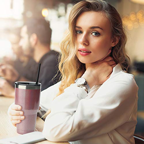 Zibtes 30Oz Insulated Tumbler With Lid And Straws, Stainless Steel Double Vacuum Coffee Tumbler Cup, Powder Coated Travel Mug For Home, Office, Travel, Party (Glitter Pink 1 Pack) #TOP5