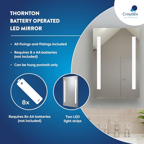 Croydex Thornton Bathroom Mirror with Lights - Easy to Install Bathroom LED mirror Battery Operated with All Fittings Included, Two Light Strips, Touch Button Power Switch, 60x40cm - Cosy Home Interiors Croydex Thornton Bathroom Mirror with Lights - Easy to Install Bathroom LED mirror Battery Operated with All Fittings Included, Two Light Strips, Touch Button Power Switch, 60x40cm - Image 5