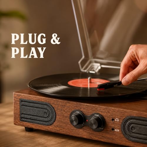 Image of Vinyl Record Player with Built-in Stereo Speakers Vintage 3-Speed Belt-Driven Turntable with Bass /Treble Control, Headphone Jack, RCA & AUX Outputs, Walnut