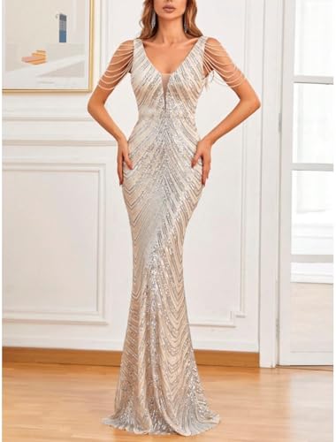 Mermaid/Trumpet Evening Dresses Sparkle & Shine V Neck Brush Train Formal Dresses with Sequined 20242