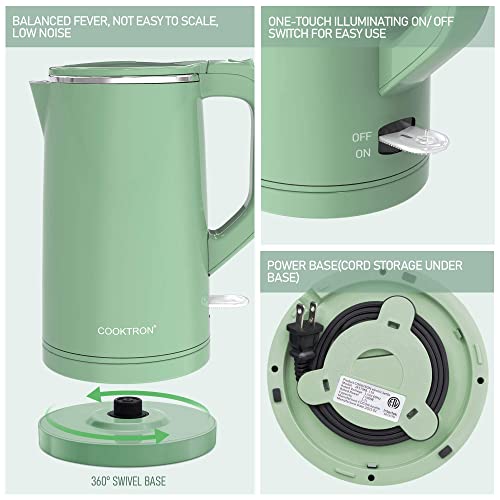 Cooktron 1.7L Electric Kettle Quiet Water Heater Kettle Double Wall Electric Kettles For Boiling Water Stainless Steel Bpa-Free Hot Water Boiler Cool Touch Tea Pot, 1500W Fast Boiling, Green #TOP4