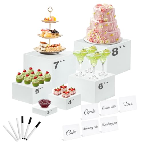 Qeanknar 6 Pcs White Acrylic Buffet Risers with Mini Sign an