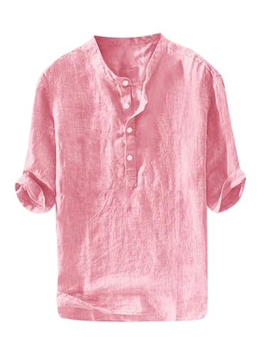 Ryannology Mens Linen Shirts Henley 3/4 Sleeve Casual Cotton T-Shirt Regular-Fit Lightweight Beach Yoga Tunic Tops