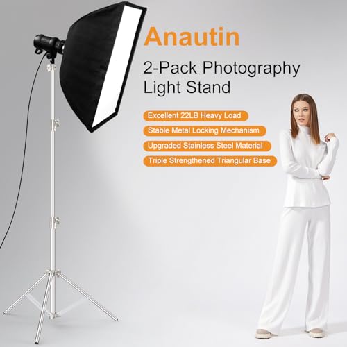 Anautin 9.2 FT Stainless Steel Light Stand Photography, 2 Pack Heavy Duty Photography Tripod Stand with 1/4” to 3/8” Screw Adapter for Strobe,LED Video Light,Ring Light, Monolight, Softbox by Anautin - Image 2