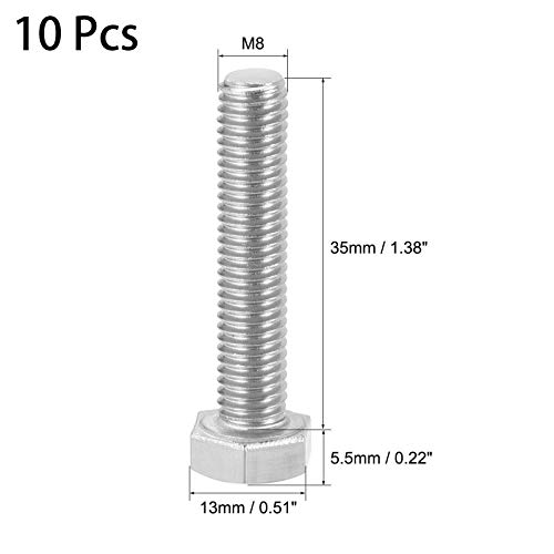 Image of 10 Pcs M8 Hex Bolt M8-1.25 x 35mm UNC Hex Head Screw Bolts A2-70(304) Stainless Steel Fully Threaded Hex Tap Bolts,Plain Finish,Fully Threaded (M8 x 35mm)
