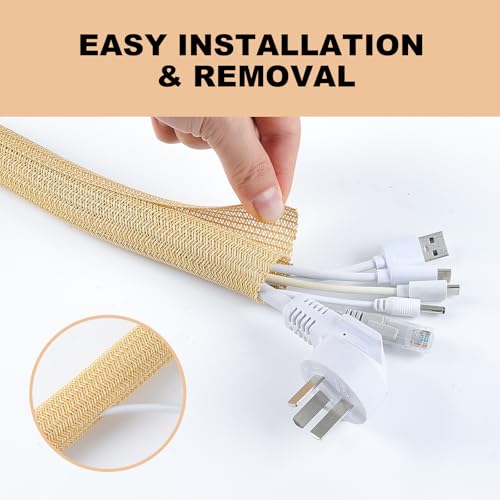 Image of AGPTEK Cable Sleeve, 20ft - 1 inch Cable Management Desk Cord Cover Organizer Wire Hider for Home Office Computer TV Wire Loom Tubing Pet Proof Cord Protector from Cat Dog Chewing, Wood Color