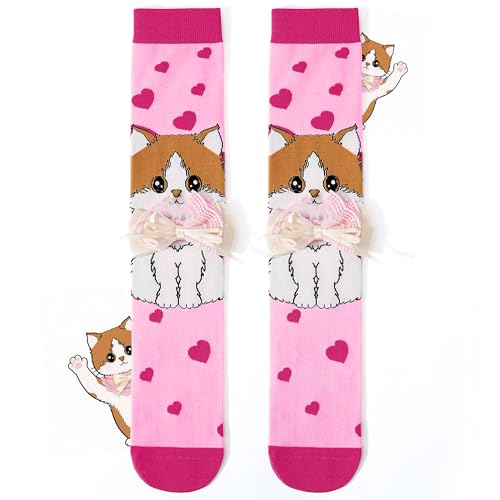 Moyel Crazy Cat Socks for Girls Knee High Silly Funny Style Wacky Novelty Fun 3D Pink Animal Cats Gifts Sock with Cute Decoration for 5-12 Years Kids