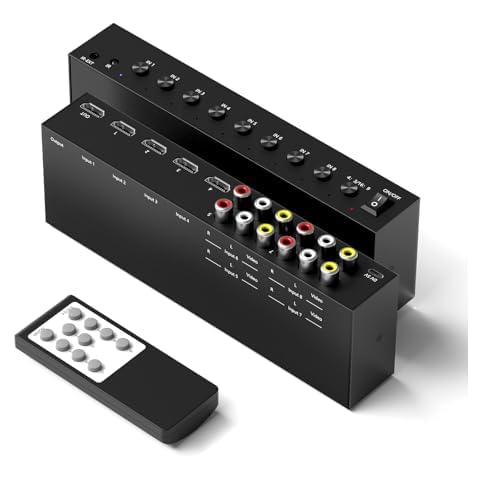 Y.D.F 4 Way HDMI 2.0 Switcher + 4 RCA to HDMI Converter(2 in 1) 4 Way AV Composite CVBS Switch to HDMI Adapter Support 4:3/16:9 Switching for N64 NGC Wii Xbox PS2/3/4/5 Xbox Series/ONE Switch Cover