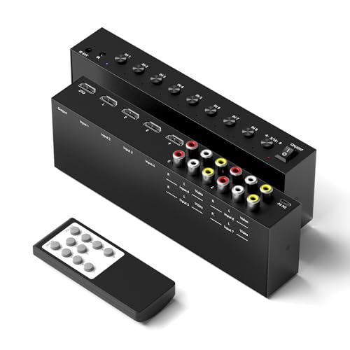 Y.D.F 4 Way HDMI 2.0 Switcher + 4 RCA to HDMI Converter(2 in 1) 4 Way AV Composite CVBS Switch to HDMI Adapter Support 4:3/16:9 Switching for N64 NGC Wii Xbox PS2/3/4/5 Xbox Series/ONE Switch