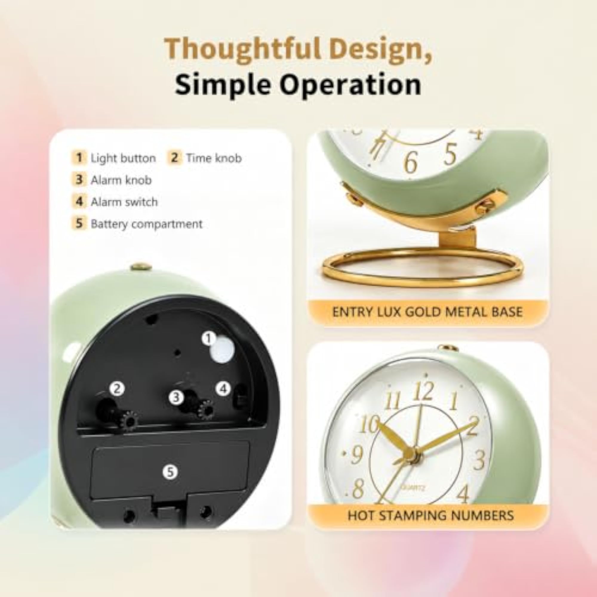 Retro Analog Alarm Clock with Night Light & Silent Operation
