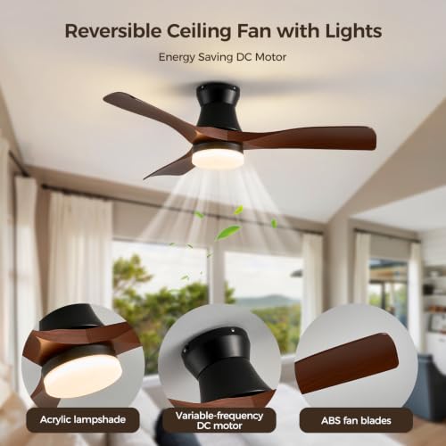 kenaihon 48 Inch Ceiling Fans With Lights And Remote, Low Profile Ceiling Fan,Black and Brown Grain Indoor Ceiling Fan with Quiet Reversible DC Motor,6 Wind Speeds,Chandelier Ceiling Fan For Bedroom by kenaihon - Used condition - Image 8