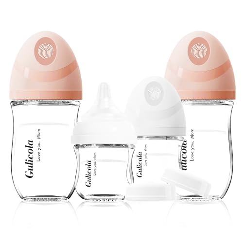 Image of Gulicola Natural Glass Baby Bottles Set 4 Pack, Newborn Girl Breastfeeding Bottles with Slow Flow Nipples, 0 Months+, 3 oz & 5 oz - Pink