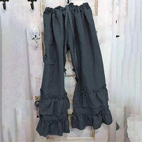 Womens Casual Ruffled Loose Pocket Pants Plus Size Cotton Linen Folds Pants Wide Leg Solid Color Hem Elastic Waisted Trousers (Dark Gray,X-Large)2