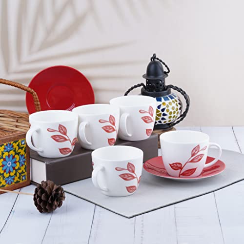 Image of Dandy Lines Royal Cups and Saucers Red Leaves Paradise, Cup and Saucer, Ceramic, Pack of 6, Microwave & Dishwasher Safe, Great for Hosting & Gifting