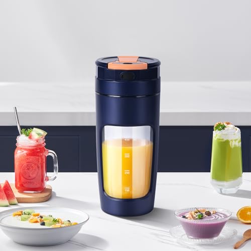 Tragbarer Mixer，Mini-Mixer, tragbarer persönlicher Mixer, 500 ml Becher, Auslaufsicherer Deckel, Leistungsstarker Mini Standmixer, Kabellos & Wiederaufladbar, Zerkleinert Eis & Obst (Blau)