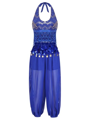 LumiJour Mujeres adultas árabe danza del vientre lentejuelas borla top y pantalones rave trajes indio danza traje azul real talla única