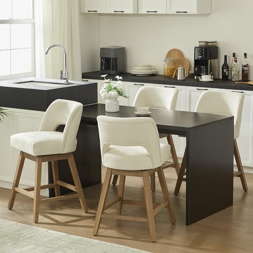 VKNOW 27" Swivel Bar Stools Set of 4, Upholstered Counter Height Bar Stools with Backrest and Rubberwood Legs, Fabric Barstools for Kitchen Island, Breakfast Bar, Living Room, Dining Room, Beige