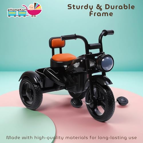 Image of eHomeKart Himalayan Kids Tricycle - Front Headlight, Musical - 1 Year to 5 Years - Trike for Indoor and Outdoor - Up to 30 Kgs - Made in India, Black