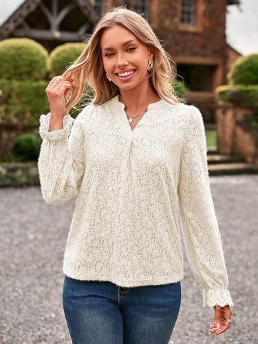 Simplee Womens Eyelet Dressy Blouses Tops Lace Casual Long Sleeve Hollow Out V Neck Fall Spring Boho Shirts4