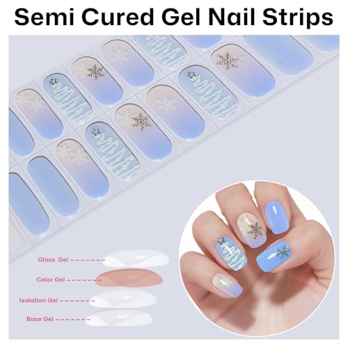 Pureglow Co 20 Pcs Semi Cured Gel Nail Strips Christmas Nail Stickers for Women Nails Supplies for Use with Any UV/LED Lamp Nails Wraps Easy to Apply & Remove - Christmas Snowflakes Light Blue — view 3